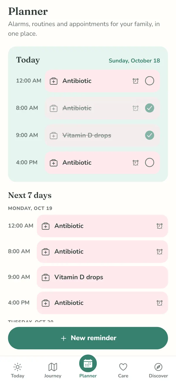 Planner screen with reminders