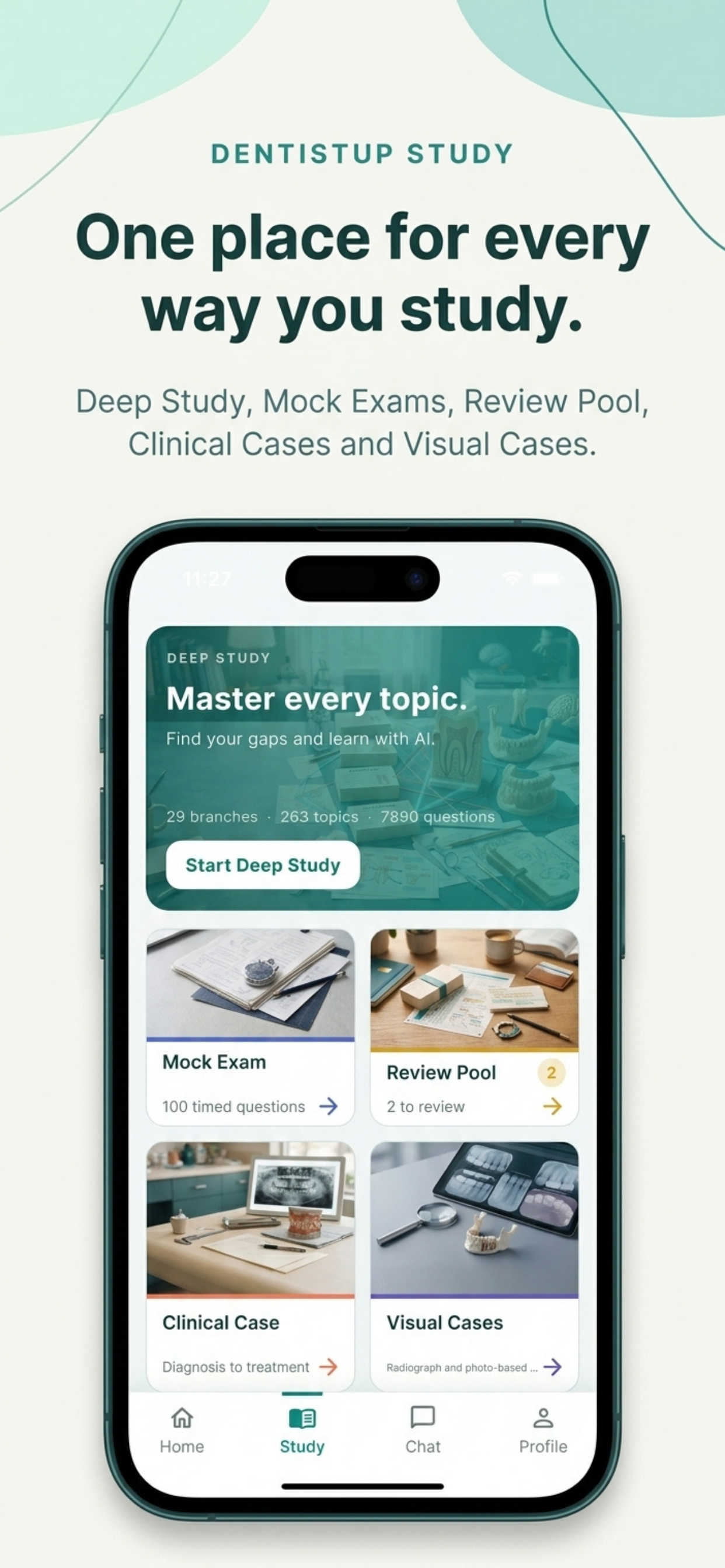 DentistUP Study tab — Deep Study, Mock Exams, Review Pool, Clinical Cases and Visual Cases