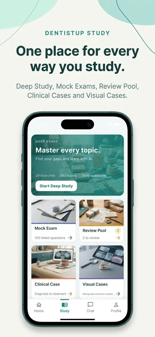 DentistUP Study tab — Deep Study, Mock Exams, Review Pool, Clinical Cases and Visual Cases