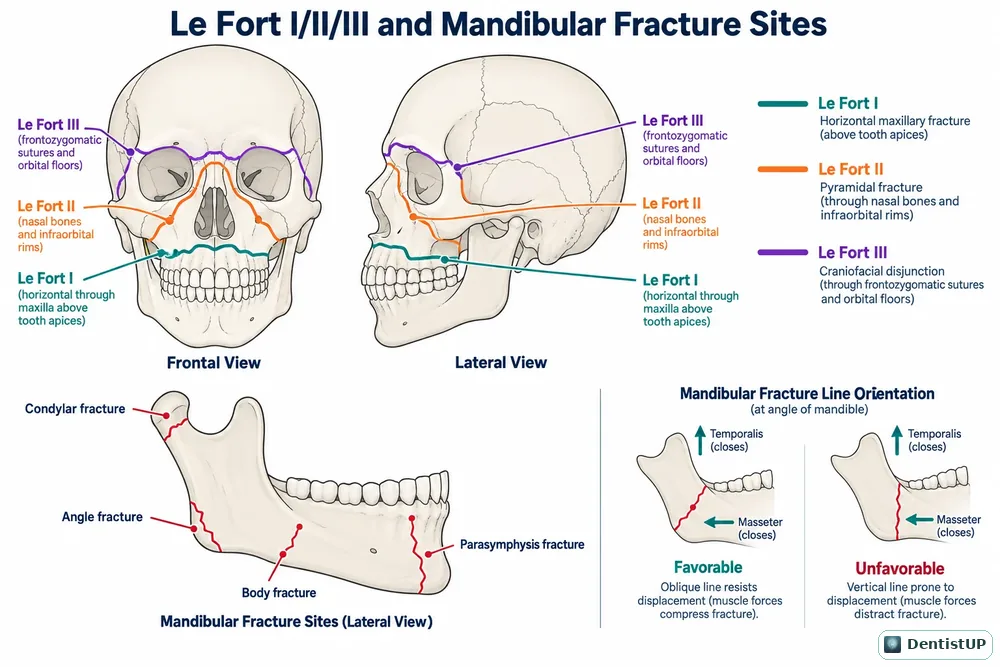 Frontal and lateral skull diagrams showing Le Fort I, II and III fracture lines and mandibular fracture sites