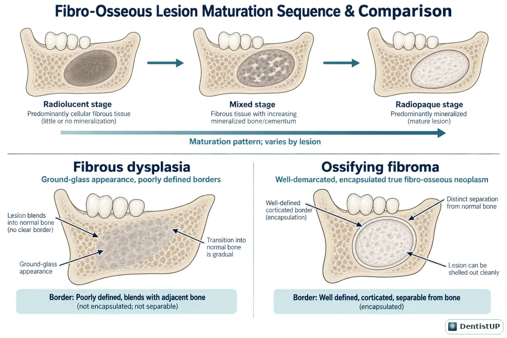 Comparison of fibrous dysplasia and ossifying fibroma borders and radiographic maturation stages