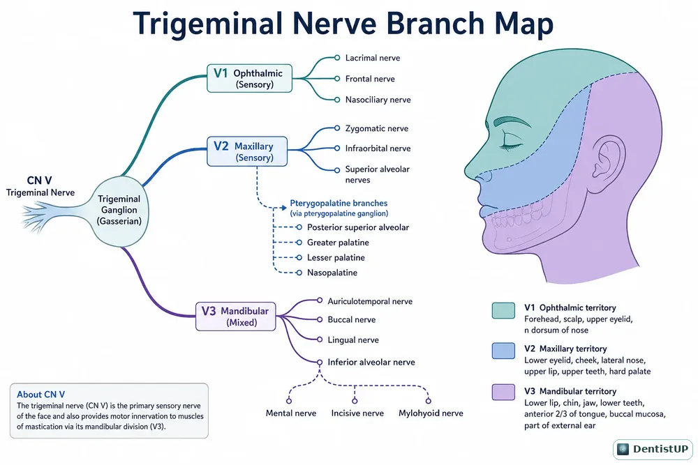 Branch map of the trigeminal nerve showing V1, V2 and V3 divisions and their territories