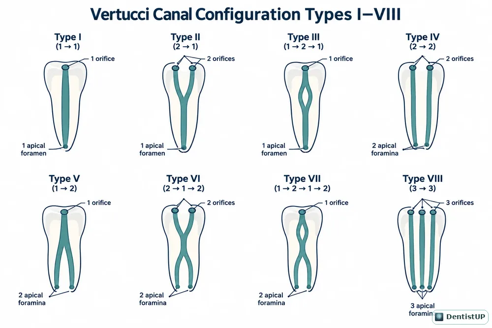 Diagram of Vertucci root canal configuration types I to VIII