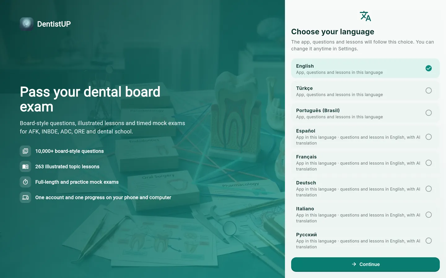 DentistUP web app language choice: English, Türkçe, Português (Brasil) and seven more interface languages