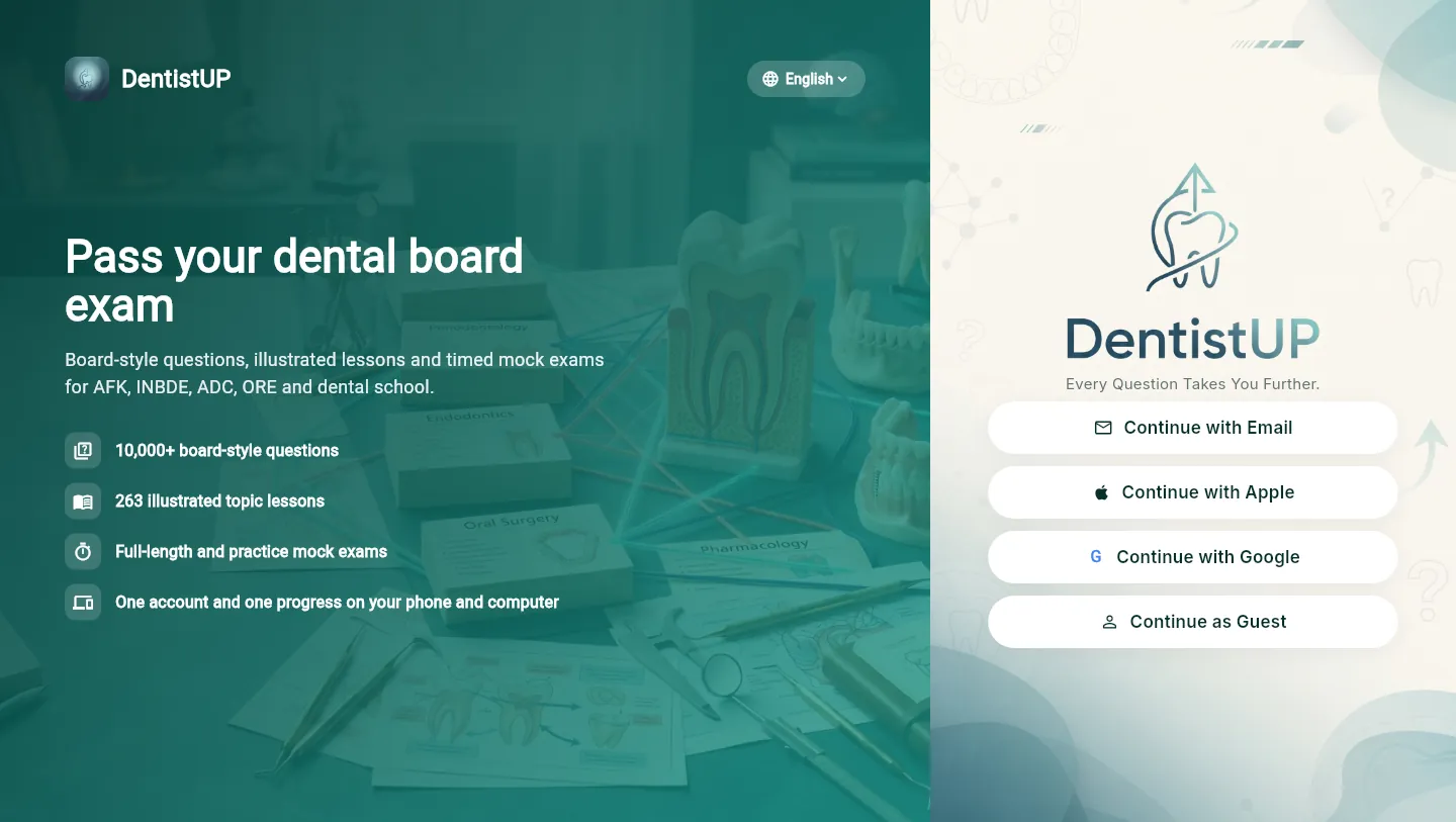 DentistUP web app sign-in screen with Email, Apple, Google and Guest options and a language button